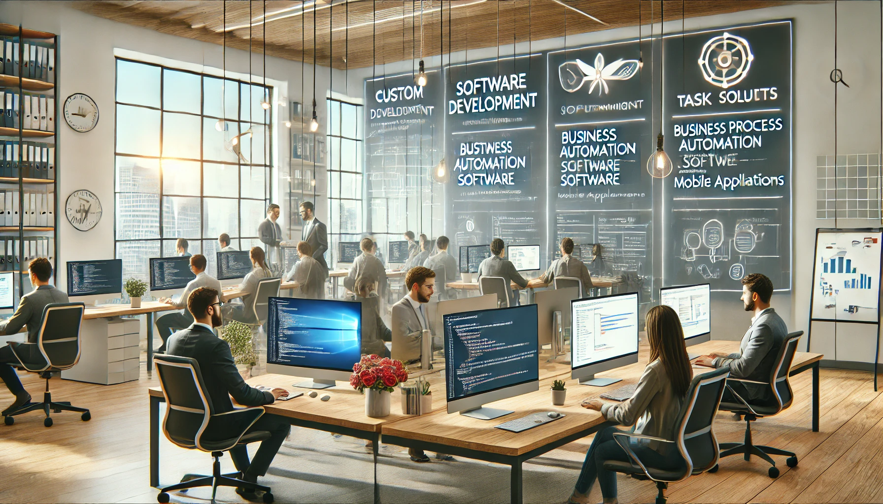 DALL·E 2024-10-25 11.36.15 - A modern software development office scene featuring a team working on custom software solutions tailored to client needs. The office includes develop